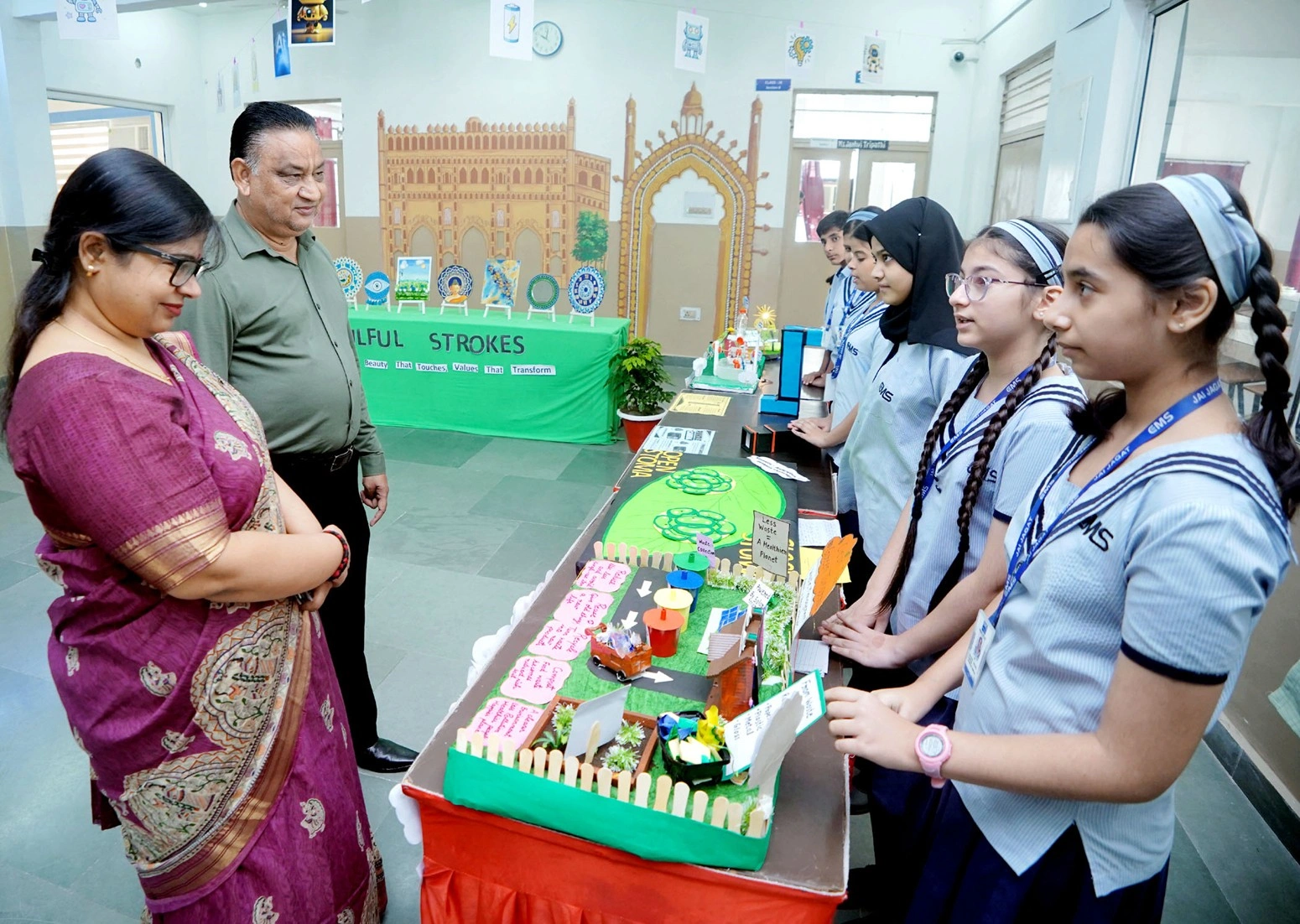 CMS Asharfabad students presenting their Project-Based Learning (PBL) models to Corporator Mr Laeeq Aaga during the inauguration of the newly constructed Activity Centre, Robotics Lab and Chemistry Lab, accompanied by Principal Ms Archana Pandey.