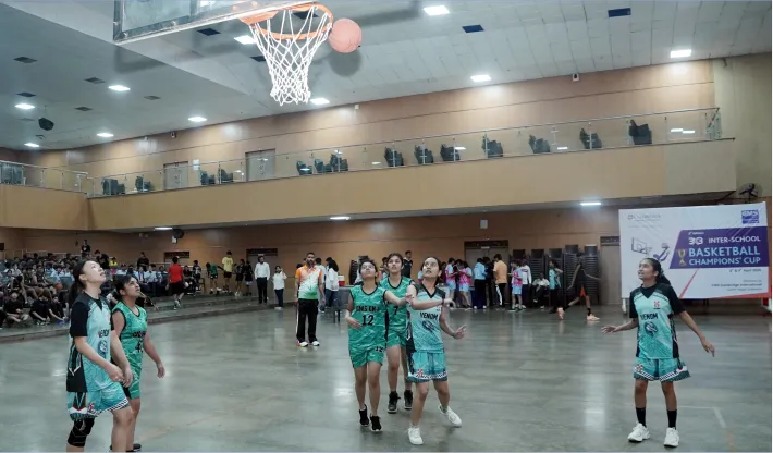 The girls’ basketball teams participating in the inter-school championship organised by CMS Cambridge Section at City Montessori School, Gomti Nagar Extension Campus