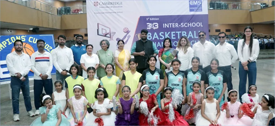 Our honoured Chief Guest, CMS Leadership Team and the eminent guests with the participants at the inaugural ceremony of the CMS Cambridge Basketball Championship 2026