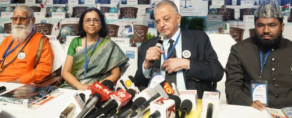 Hon’ble Justice Dr Dr (h.c.) Adel Omar Sherif, Founding Patron of the CMS International Interfaith Conference, addressing the Press on the Opening Day