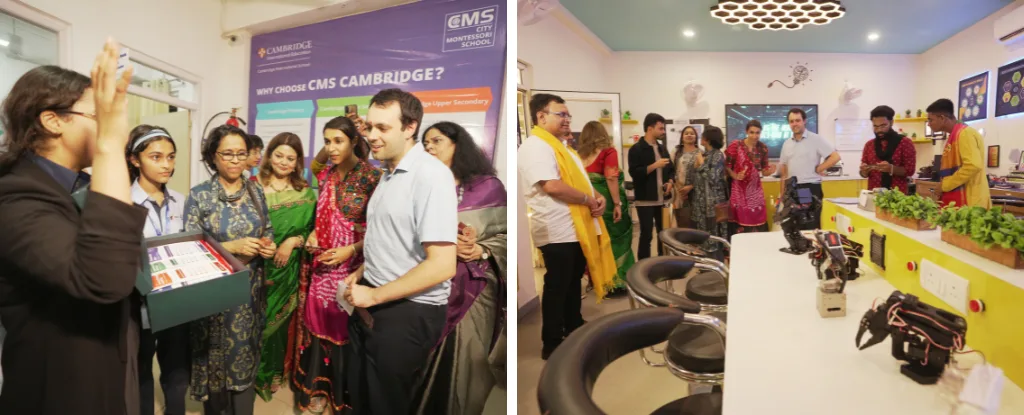 CMS Cambridge Rajajipuram visitors exploring educational displays and modern robotics laboratory facilities.