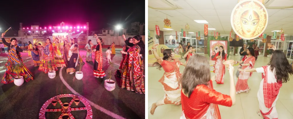 Students celebrating Navratri at CMS Rajajipuram through traditional Garba dance and cultural performances.