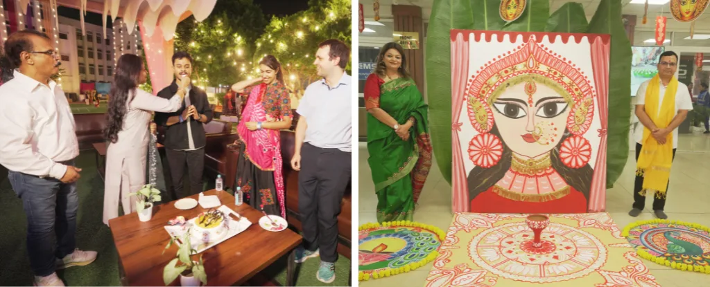 Guests participating in a cake-cutting ceremony and inauguration event at CMS Cambridge Rajajipuram.