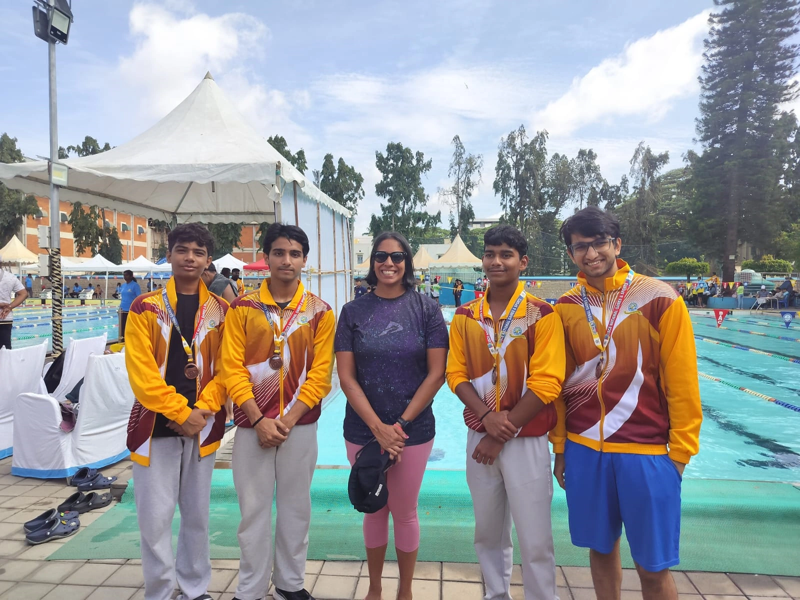 Young swimmers from CMS Rajendra Nagar Campus I at the CISCE National Swimming & Diving Championship 2026 organised at the Dravid-Padukone Centre for Sports Excellence in Bengaluru, Karnataka