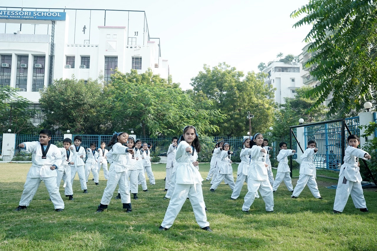 Sports Class at CMS Rajendra Nagar Campus I - Primary students practising their Karate Moves