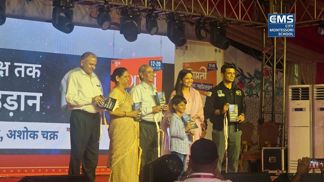 CMS Alumnus Astronaut Shubhanshu Shukla ‘Shux’ presenting his book ‘The Second Orbit’ with his family at the 5th Gomti Book Festival in Lucknow organised by the National Book Trust (NBT), India, in collaboration with the Government of Uttar Pradesh.