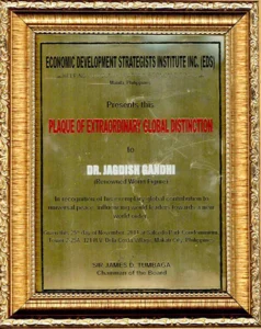 Plaque of Extraordinary Global Distinction awarded to Dr Jagdish Gandhi by Economic Development Strategists Institute Inc Philippines