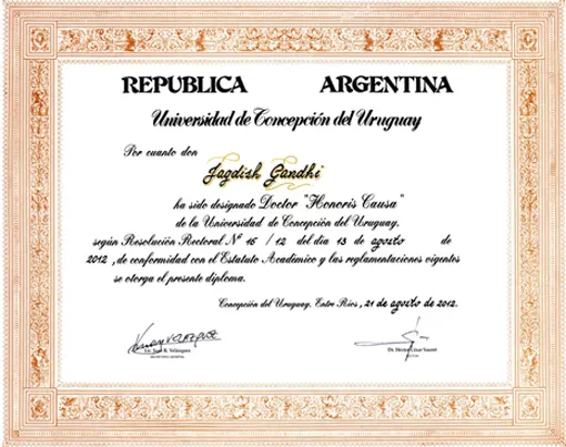 University of Conception del Uruguay awards Honorary Doctrate to Dr Jagdish Gandhi 2