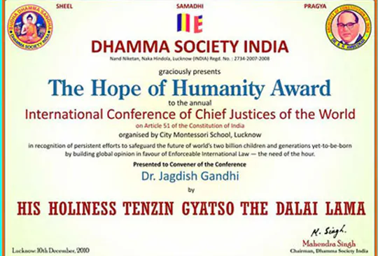 certificate - The Hope of Humanity Award