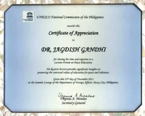 Certificate of Appreciation awarded to Dr Jagdish Gandhi by UNESCO National Commission of the Philippines