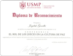 University of San Martin de Porres awarded Dr Gandhi a Diploma of Recognition