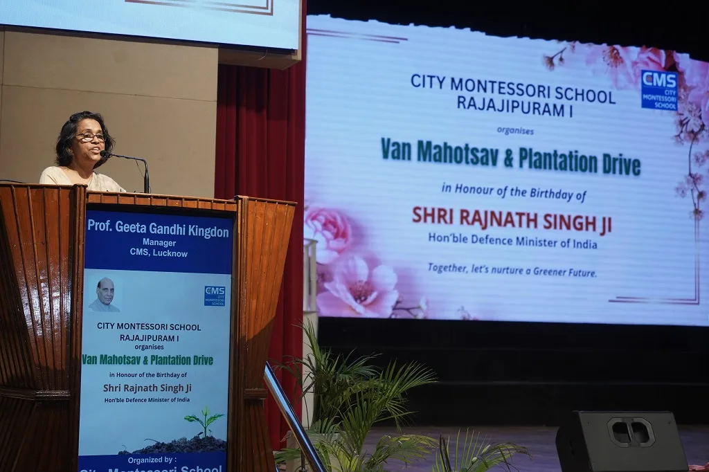 CMS Manager, Prof. Geeta Gandhi Kingdon, addressing the gathering at Van Mahotsav observed at CMS Rajajipuram Campus I