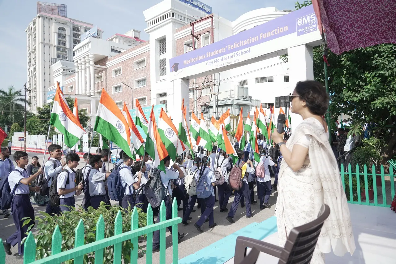 CMS Managing Director, Prof. Geeta Gandhi Kingdon addressing students ahead of the Meritorious Students' Felicitation Function 2026